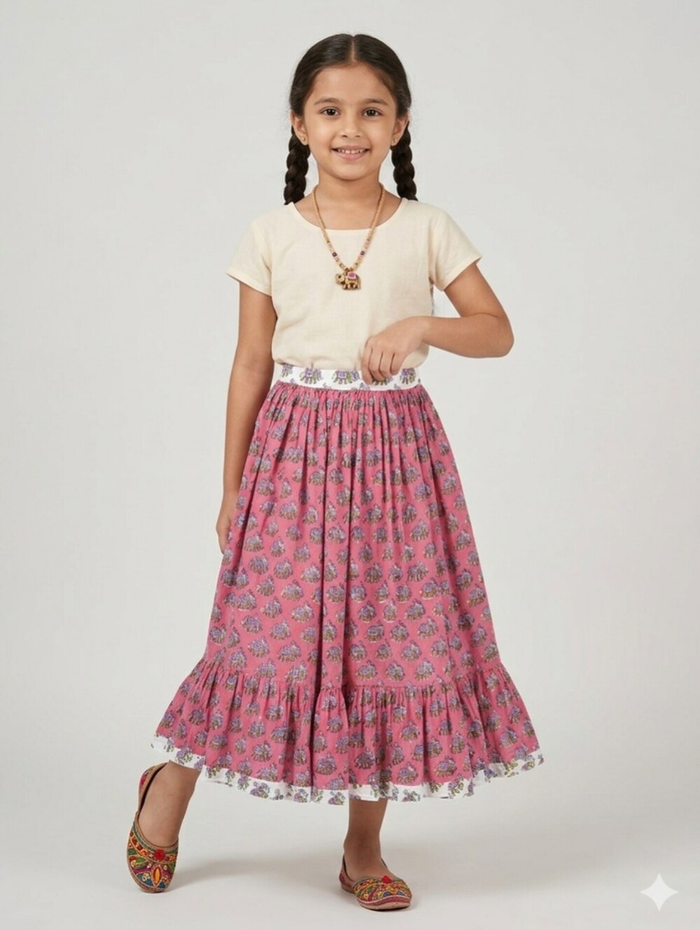 Anokhi Koki Pink Elephant Block Print Maxi Skirt Boho Cotton Tiered 6/7 Girls